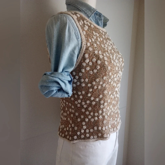 Adrianna Papell Gold White Pearl Beaded Layering Top Sleeveless Silk Size 8P - Picture 6 of 15